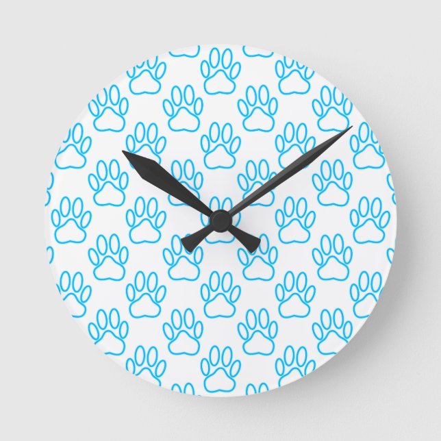 Blue Neon Dog Paw Print Pattern Round Clock (Front)