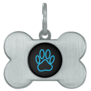 Blue Neon Dog Paw Print Pet Name Tag