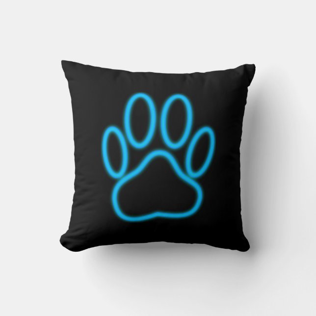 Blue Neon Dog Paw Print Throw Pillow (Front)