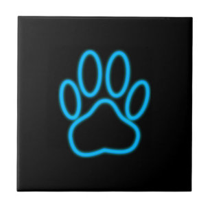 Blue Neon Dog Paw Print Tile