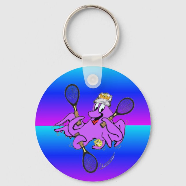 Blue Neon Funny Tennis Octopus Cartoon Keychain (Front)