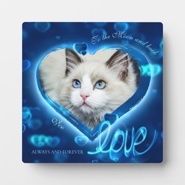 Blue Neon Hearts & Love, Custom Pet Photo - Square Plaque (Front)