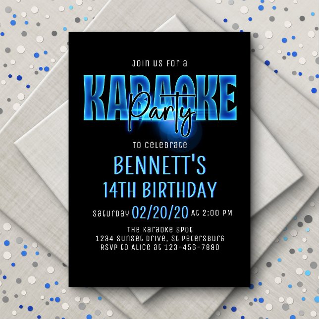 Blue Neon Karaoke Party Anniversaire Invitation (Créateur téléchargé)