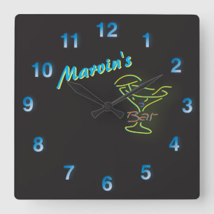 Blue Neon Sign Customizable Mancave Tavern Square Wall Clock