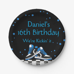 Blue Neon Sneaker Birthday, Glitter Paper Plate