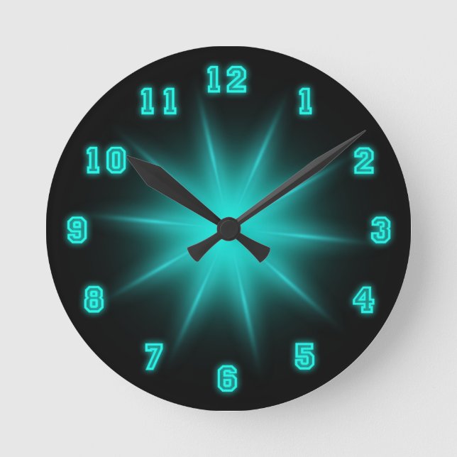 Blue Neon Star 8" Round Clock (Front)