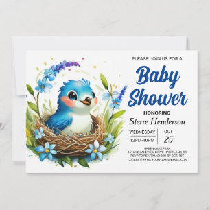 Blue Nest Elegant Bird Boy Baby Shower Invitation