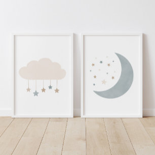 Blue Neutral Cloud and Moon Boy Nursery Decor