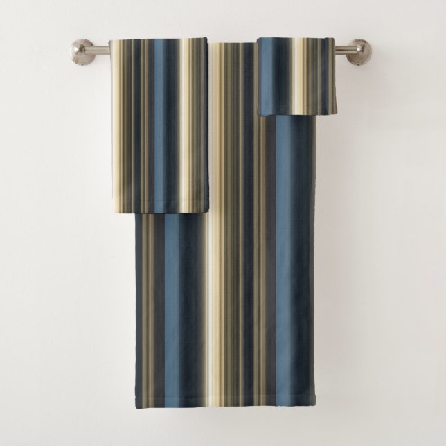 Blue & Neutral Tones Vertical Stripe Pattern Bath Towel Set (Insitu)