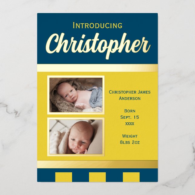 Blue new baby announcement gold foil flat card (Front)