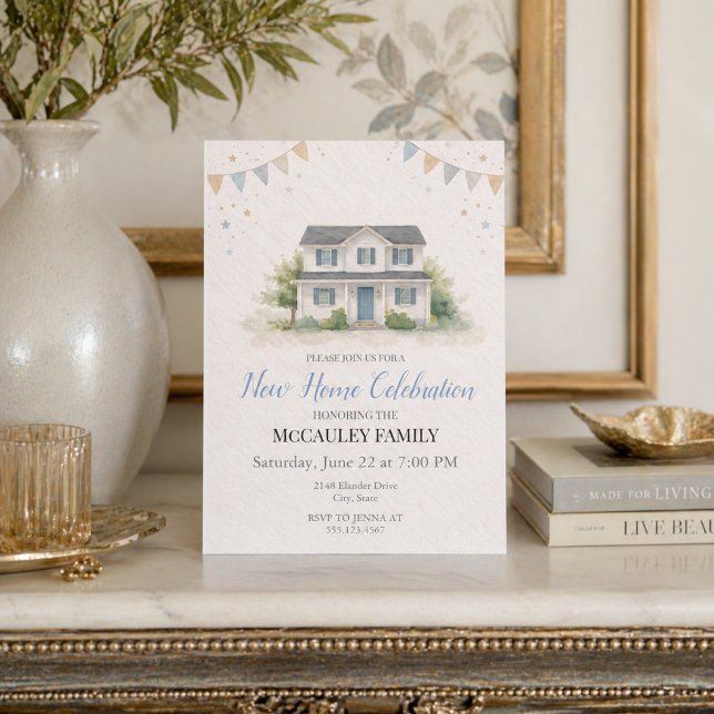 Blue New Home Charm Invitation (Soft blue housewarming celebration with watercolor home and charming banner details)