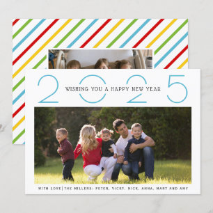 Blue New Year 2025 colourful stripes simple photo Holiday Card
