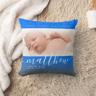 Blue Newborn Baby Photo Glitter Throw Pillow