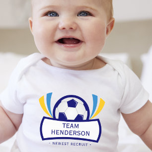 Blue Newest Recruit Custom Soccer Baby Bodysuit