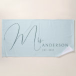 Blue Newlyweds Name Personalized Honeymoon Beach Towel<br><div class="desc">Celebrate your love in style with this personalized beach towel for adults, featuring the newlyweds' names in an elegant, modern design. Perfect for a honeymoon beach trip, anniversary getaway, or romantic vacation, this soft and vibrant towel is a must-have for couples who love to travel together. Designed with a fresh...</div>