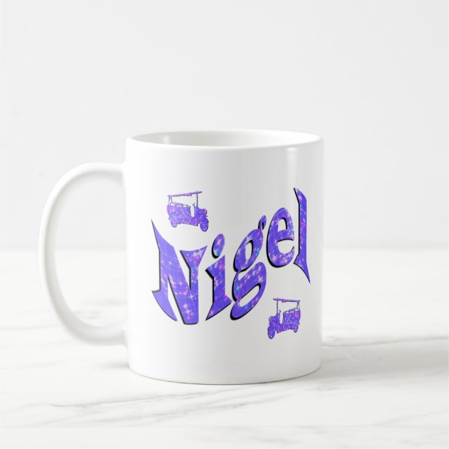 Blue Nigel Name With Fire Trucks, Coffee Mug (Left)