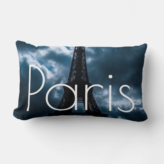 Blue Night Eiffel Tower Paris France Travel Lumbar Pillow (Front)