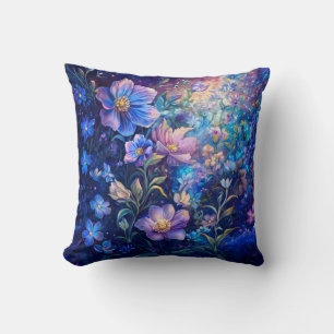 Blue Night Flowers Throw Pillow