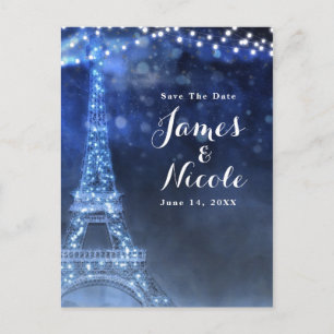 Blue Night in Paris Eiffel Tower Save the Date Announcement Postcard