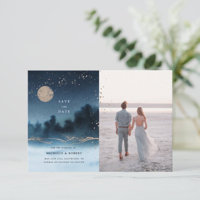 Blue Night Landscape Two Photo Save The Date Invitation (Standing Front)