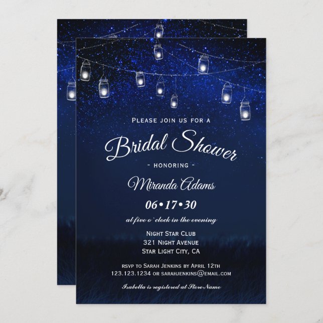 Blue Night Mason Jar String Lights Bridal Shower Invitation (Front/Back)