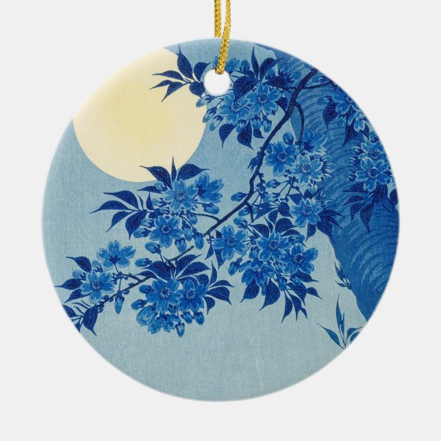 Blue Night Moon Cherry Tree Japanese Ceramic Ornament (Front)