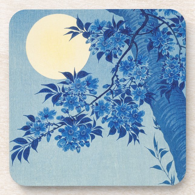 Blue Night Moon Cherry Tree Japanese Coaster (Front)