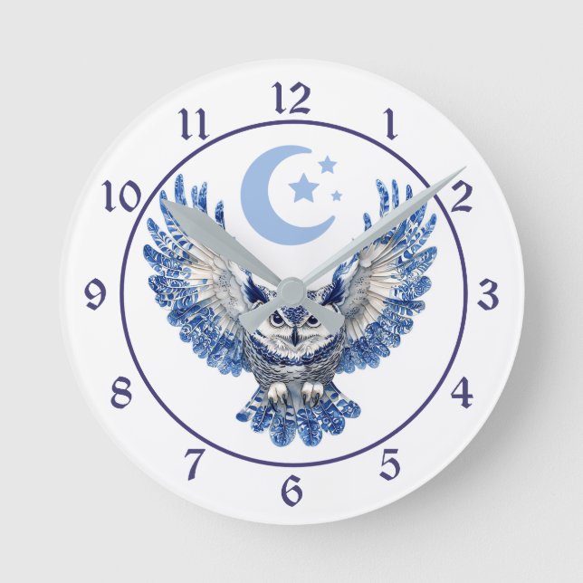 Blue Night Owl and Moon Round Clock (Front)