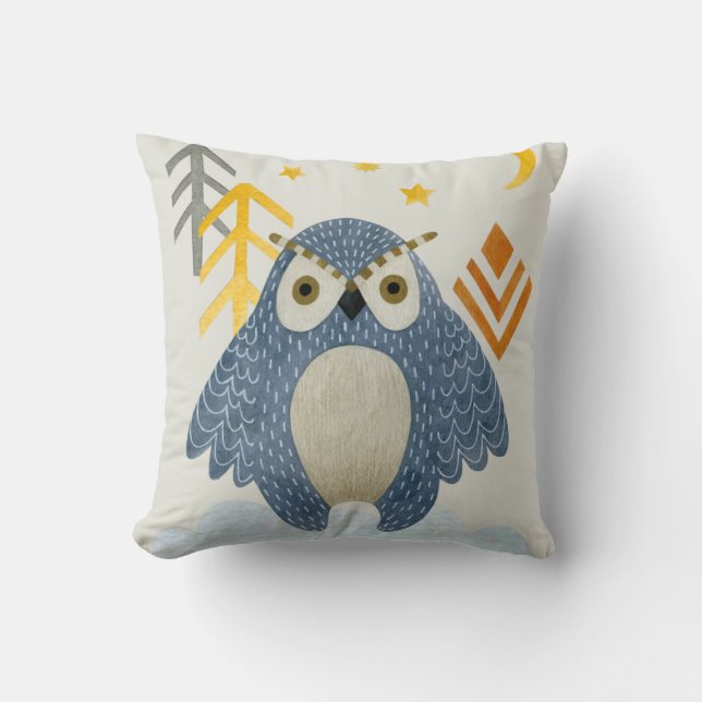 Blue night owl in the forest throw pillow (Front)