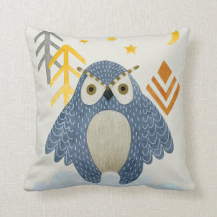 Blue night owl in the forest throw pillow