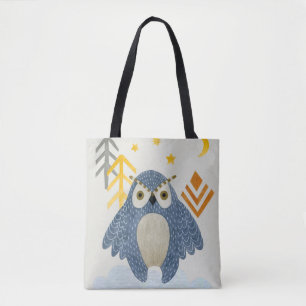 Blue night owl in the forest tote bag