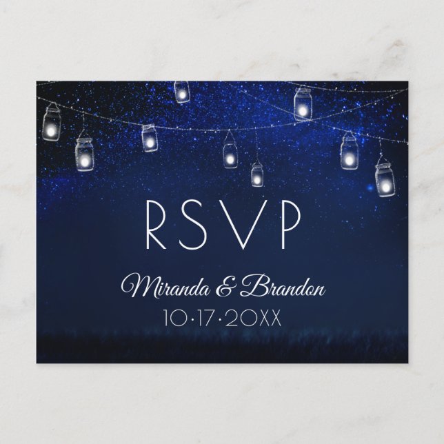 Blue Night Silver Mason Jar String Lights RSVP Postcard (Front)