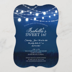 Blue Night & Silver String Lights 16 Birthday Invitation