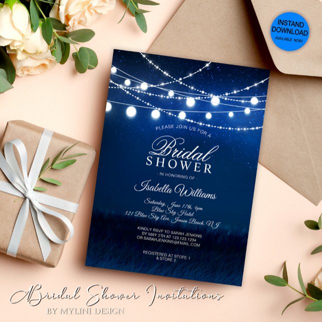Blue Night & Silver String Lights Bridal Shower Invitation (Creator Uploaded)