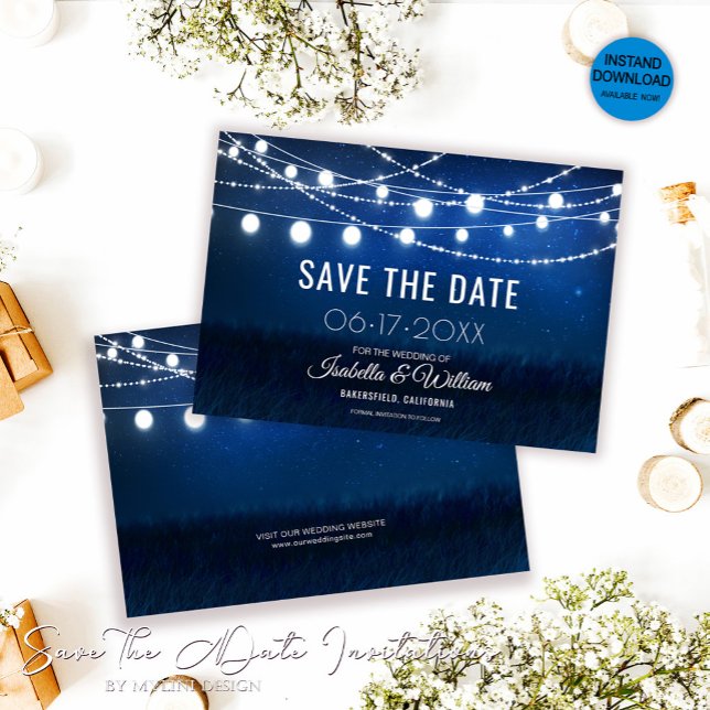 Blue Night & Silver String Lights Rustic Wedding Save The Date (Creator Uploaded)