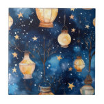 Blue night sky orange lantern tile<br><div class="desc">A navy blue night sky as background,  decorated with trees,  and yellow and orange lamps,  lanterns.</div>