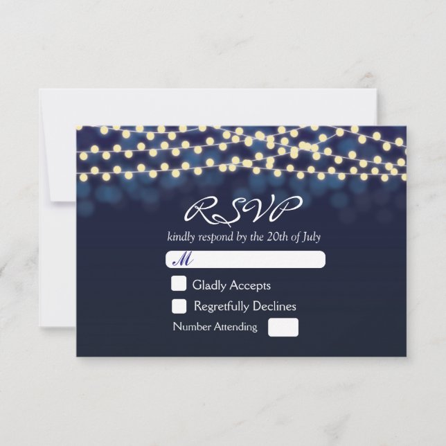 Blue Night Sky String Lights Wedding RSVP Card (Front)