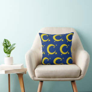 Blue Night Sky Yellow Moon Stars Astronomy Throw Pillow
