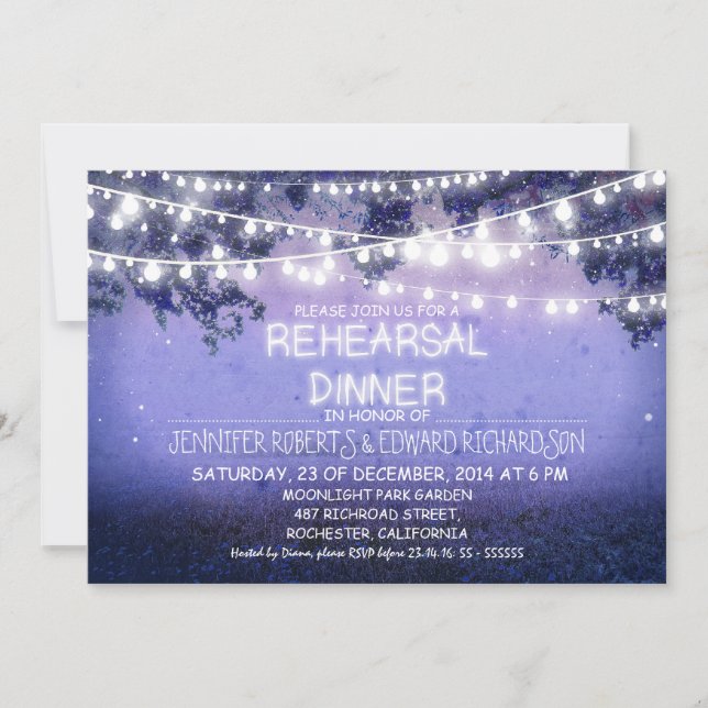 blue night & string lights rehearsal dinner invitation (Front)