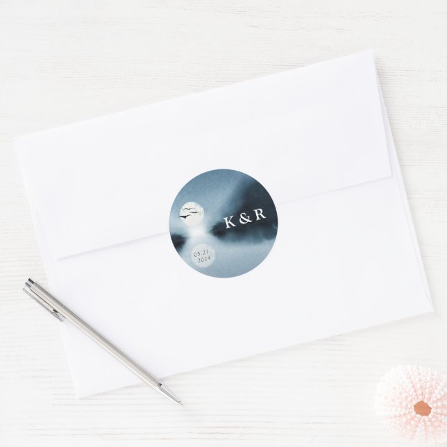 Blue Night Watercolor Landscape Wedding Monogram Classic Round Sticker (Envelope)