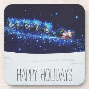 Blue Night With Santa Claus, Reindeer and Sleigh Coaster
