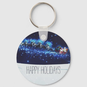 Blue Night With Santa Claus, Reindeer and Sleigh Keychain
