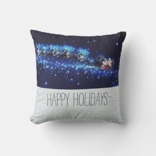 Blue Night With Santa Claus, Reindeer and Sleigh Throw Pillow
