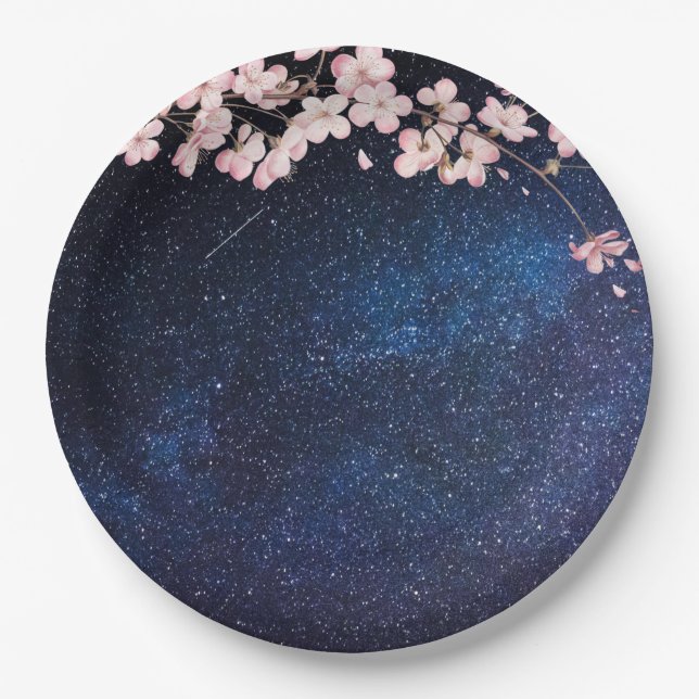 Blue Nightsky Galaxy & Cherry Blossom Engagement Paper Plate (Front)
