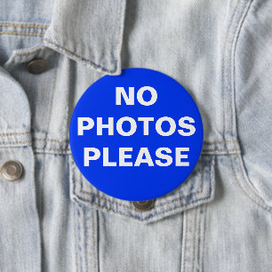 Blue "No Photos Please" Pin-On Button