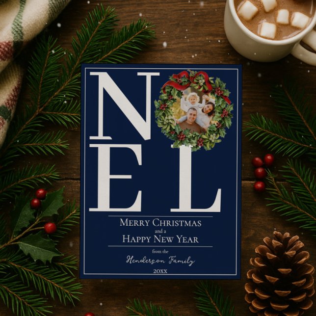 Blue Noel Christmas Wreath Photo Holiday Card (Blue Noel Christmas Wreath Photo Holiday Card)