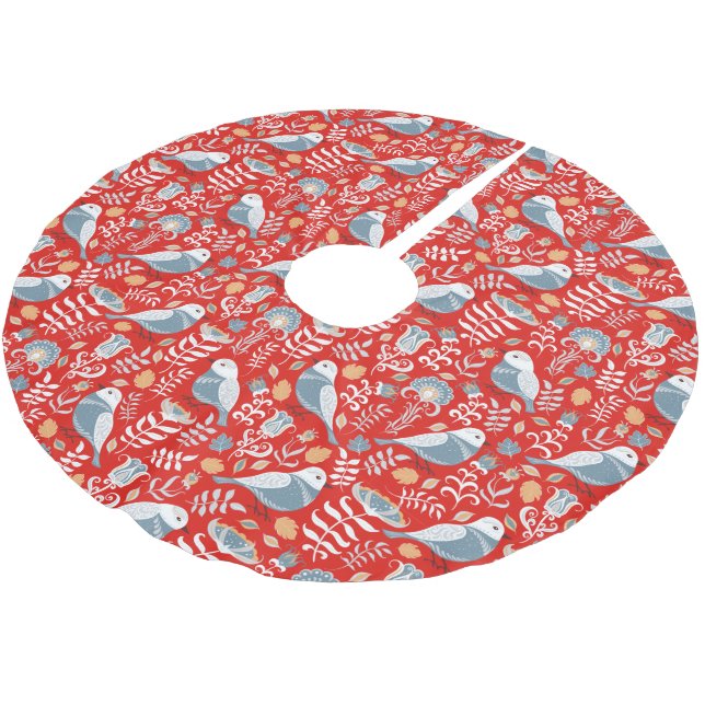 Blue Nordic Bird on Red Brushed Polyester Tree Skirt (Angled)