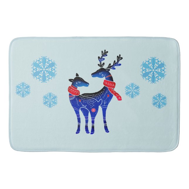 Blue Nordic Christmas Reindeer Pair Bath Mat (Front)