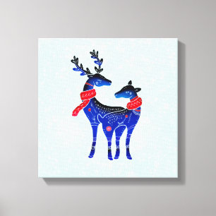 Blue Nordic Christmas Reindeer Pair Canvas Print