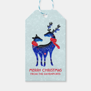 Blue Nordic Christmas Reindeer Pair Gift Tags